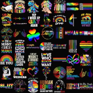 Może przedstawiać: Kolekcja kolorowych naklejek i grafik o tematyce dumy LGBTQ+ na czarnym tle. Projekty obejmują tęcze, serca, hasła i ilustracje promujące równość, miłość i akceptację. Tekst zawiera zwroty takie jak "Be Kind" i "Love is Love."