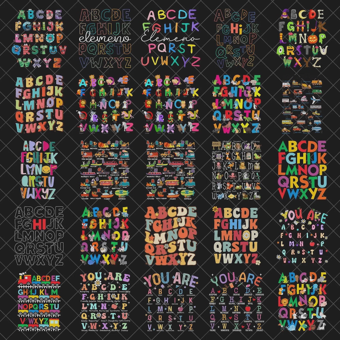 Colorful Alphabet Letters PNG Bundle, Retro Cartoon Font Digital ...