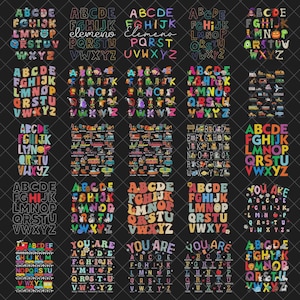 May include: A collection of colorful alphabet designs, each featuring the letters A through Z. The letters are in various fonts and styles, with some designs incorporating additional decorative elements. The overall theme is educational and creative.