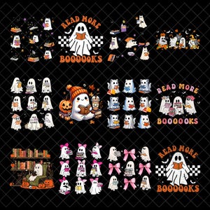 May include: A digital collection of graphic illustrations featuring white ghosts reading books, pumpkins, autumn leaves, and pink bows. Several designs include the text Read More Boooooks in orange lettering against a black background.
