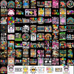 May include: A collection of colorful graphic designs featuring Pre-K themes, including rainbows, smiley faces, dinosaurs, space motifs, and text such as Pre-K Vibes, Pre-K Squad, and First Day of Pre-K, arranged in a grid on a black background.