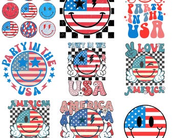 4th of July PNG Bundle, Patriotic Smiley Face PNG, Party in the USA Sublimation, Retro America png, Peace Sign Shirt Design