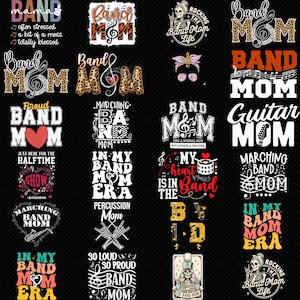 Puede incluir: Una colección de diseños gráficos con la frase "Band Mom" en varios estilos. Los diseños incluyen notas musicales, corazones y frases como "Rocking the Band Mom Life" e "In My Band Mom Era". La paleta de colores incluye negro, blanco, rojo y estampado de leopardo.