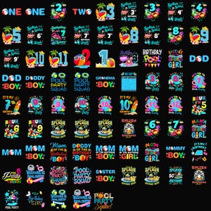 70+ Pool Party Geburtstag PNG Bundle Kinder Alter 1-13 Splish Splash Bash Familie Kader Sommer Shirt Sublimation Download PNG