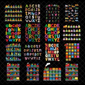 May include: A digital collection of sixteen distinct alphabet designs featuring colorful letters, train motifs, animal illustrations, and various transportation vehicles arranged in grids on a black background, showcasing diverse typography and graphic styles.