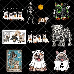 Pode incluir: Uma coleção de ilustrações digitais com tema de Halloween apresentando buldogues franceses e ingleses em vários trajes, incluindo fantasmas, esqueletos e designs inspirados em Frankenstein, ao lado de um gráfico de carta de tarô com o texto The Bulldog Mom.