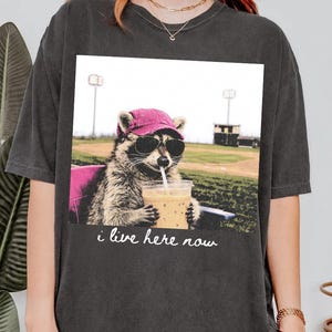 May include: Dark grey t-shirt with a graphic of a raccoon wearing sunglasses and a pink cap, holding a drink with a straw. The text "i live here now" is below the image. The raccoon is in a pink chair.