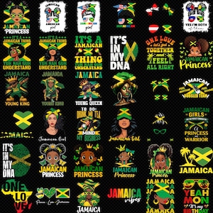 Może przedstawiać: Kolekcja grafik o tematyce jamajskiej. Projekty zawierają teksty takie jak "Jamaican Princess", "It's in my DNA" i "One Love". Schemat kolorów obejmuje zieleń, żółty i czarny, z ilustracjami ludzi i flag.