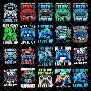 Puede incluir: Una colección de veinte diseños gráficos digitales que presentan mandos de videojuegos y el texto Birthday Boy Time To Level Up. Cada diseño muestra un esquema de color único, incluyendo patrones rojos, azules, verdes y multicolores sobre fondo negro.
