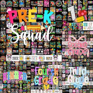 May include: A digital collage of school-themed graphic designs featuring colorful text and illustrations. Prominent phrases include PRE-K Squad, First Grade, Second Grade, Third Grade, Fourth Grade, and Kindergarten, decorated with pencils, apples, and bows.