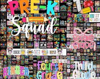 Puede incluir: Un collage digital de diseños gráficos con temática escolar que presenta textos e ilustraciones coloridos. Las frases destacadas incluyen PRE-K Squad, First Grade, Second Grade, Third Grade, Fourth Grade y Kindergarten, decoradas con lápices, manzanas y lazos.