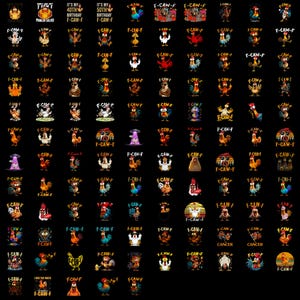 May include: A collection of rooster-themed graphic designs on a black background. Each design features a rooster with the text "F-CAW-F" and various other phrases and images. Some designs include birthday messages and zodiac signs.