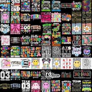 May include: A collection of graphic designs featuring various themes related to third grade, including sports, space, gaming, flowers, and smiley faces, with text such as 3rd Grade, Third Grade, and Team Third Grade in diverse fonts and colors.