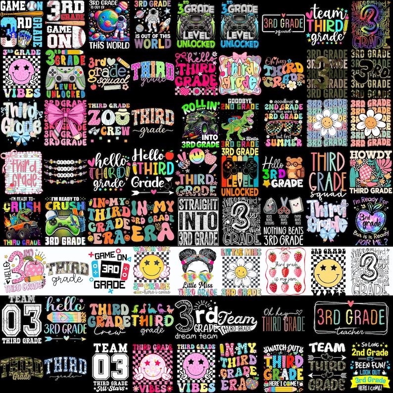 May include: A collection of graphic designs featuring various themes related to third grade, including sports, space, gaming, flowers, and smiley faces, with text such as 3rd Grade, Third Grade, and Team Third Grade in diverse fonts and colors.