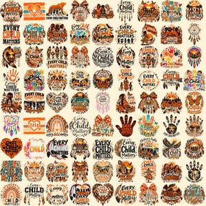 May include: A collection of digital graphic designs featuring the phrase Every Child Matters, incorporating motifs such as feathers, hearts, rainbows, butterflies, dreamcatchers, and silhouettes of children in orange and earth-toned color palettes.