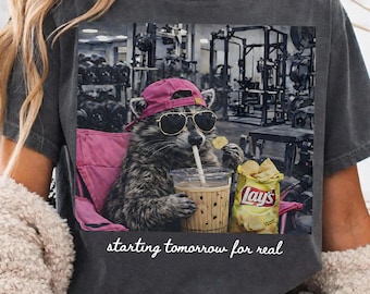 Funny Raccoon Gym Procrastination PNG, Starting Tomorrow Quote, Lazy Workout Humor, Snack Lover Shirt Design, Meme Graphic Tee Download