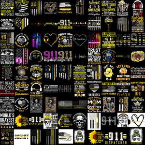 Puede incluir: Una colección de varios diseños con el tema del despachador del 911 sobre un fondo negro. Los diseños incluyen banderas americanas, corazones, calaveras y texto como "Dispatcher", "Proud Mom" y "Retired Dispatcher". La combinación de colores es principalmente negro, amarillo y blanco.