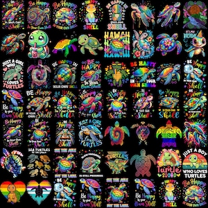 May include: A collection of colorful turtle designs on a black background. The turtles feature various patterns and vibrant colors, with text like "Be Happy" and "Just a Girl Who Loves Turtles". The designs are suitable for apparel or accessories.