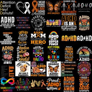 May include: A collection of colorful graphic designs with text related to ADHD and neurodiversity. The designs include phrases like "ADHD Awareness," "Attention Deficit," and "Neurodiversity is beautiful."