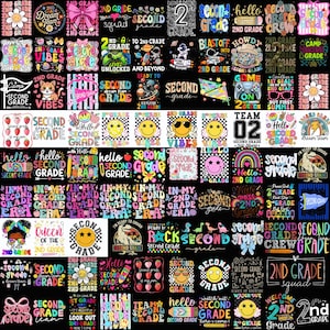 May include: A collection of colorful graphic designs featuring the text 2nd Grade, including illustrations of smiley faces, space themes, dinosaurs, flowers, rainbows, and gaming controllers, arranged in a grid on a black background.