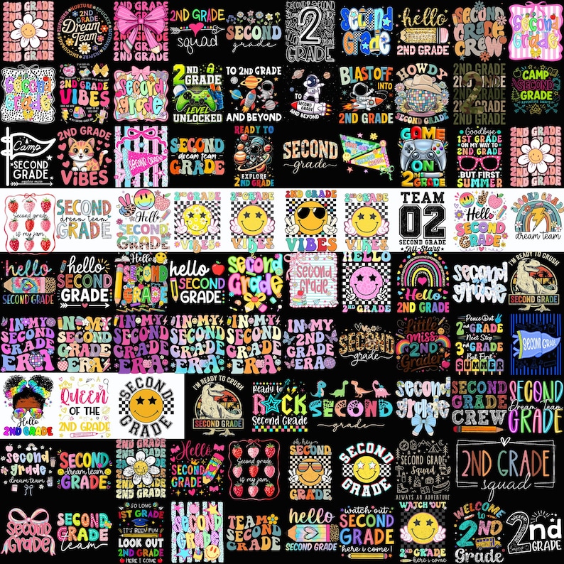 May include: A collection of colorful graphic designs featuring the text 2nd Grade, including illustrations of smiley faces, space themes, dinosaurs, flowers, rainbows, and gaming controllers, arranged in a grid on a black background.