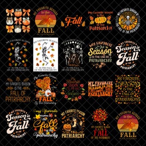 Könnte beinhalten: Eine Sammlung von zwanzig digitalen Grafikdesigns mit Herbstmotiven, Kürbissen, Skeletten, Hexen und Gnomen. Jedes Design enthält Text wie My Favorite Season Is The Fall Of The Patriarchy und verwendet verschiedene Schriftarten, Farben und saisonale Motive.