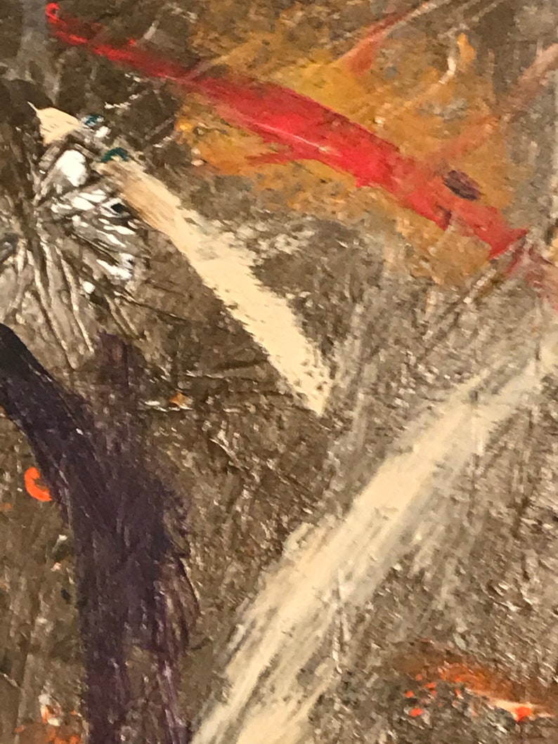 Pode incluir: Pintura abstrata com uma mistura de tinta marrom, branca, vermelha e verde. A tinta &eacute; aplicada em pinceladas grossas, criando uma superf&iacute;cie texturizada.