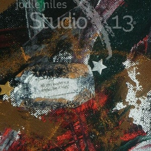 May include: Abstract painting with red, white, and black paint strokes. A silver foil tag with the text "All our worlds a stage - be brave!" is attached to the painting.
