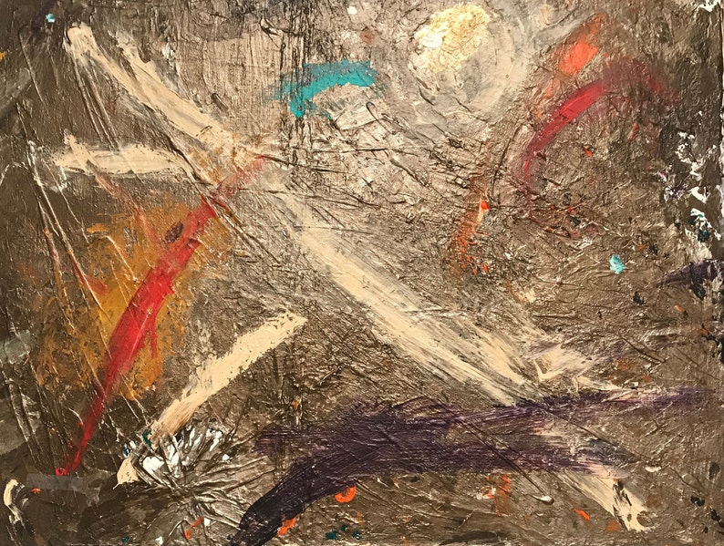 Pode incluir: Pintura abstrata com um fundo castanho texturizado. A pintura apresenta uma linha diagonal branca, pinceladas vermelhas e laranja, e respingos de tinta turquesa e roxa.