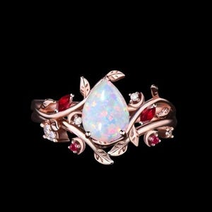 Vintage Pear Cut White Opal Ruby Engagement Ring Set 14K Rose Gold Nature Inspired Leaf Moon Bridal Set Boho Wedding Promise Ring Gift