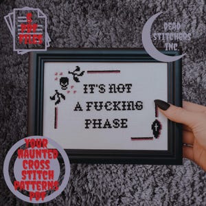 Puede incluir: Arte de punto de cruz enmarcado con la frase "IT'S NOT A FUCKING PHASE". El diseño incluye una calavera, un ataúd y otros elementos góticos. La imagen también incluye texto que dice "4 PDF FILES" y "YOUR HAUNTED CROSS STITCH PATTERNS PDF".