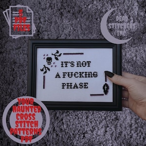 以下が含まれることがあります： 「IT'S NOT A FUCKING PHASE」というフレーズが黒いフレームに収められたクロスステッチアート。デザインには、頭蓋骨、墓石、その他のゴシック様式の要素が含まれています。画像には「PDF FILES」と「YOUR HAUNTED CROSS STITCH PATTERNS PDF」というテキストも含まれています。