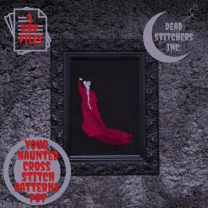 Könnte beinhalten: Ein gerahmtes Kreuzstichmuster mit einer roten Figur auf schwarzem Hintergrund. Der schwarze Rahmen hat Verzierungen. Text auf dem Bild: "3 PDF FILES", "Dead Stitchers Inc." und "YOUR HAUNTED CROSS STITCH PATTERNS PDF".