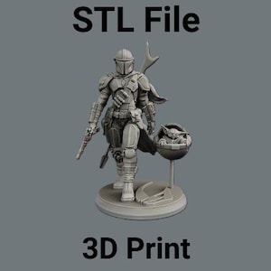 K&ouml;nnte beinhalten: Graue 3D-gedruckte Figur von The Mandalorian, der einen Blaster h&auml;lt, mit Grogu in einer schwebenden Kapsel. Die Figur steht auf einer kreisf&ouml;rmigen Basis. Die W&ouml;rter "STL File" und "3D Print" sind angezeigt.