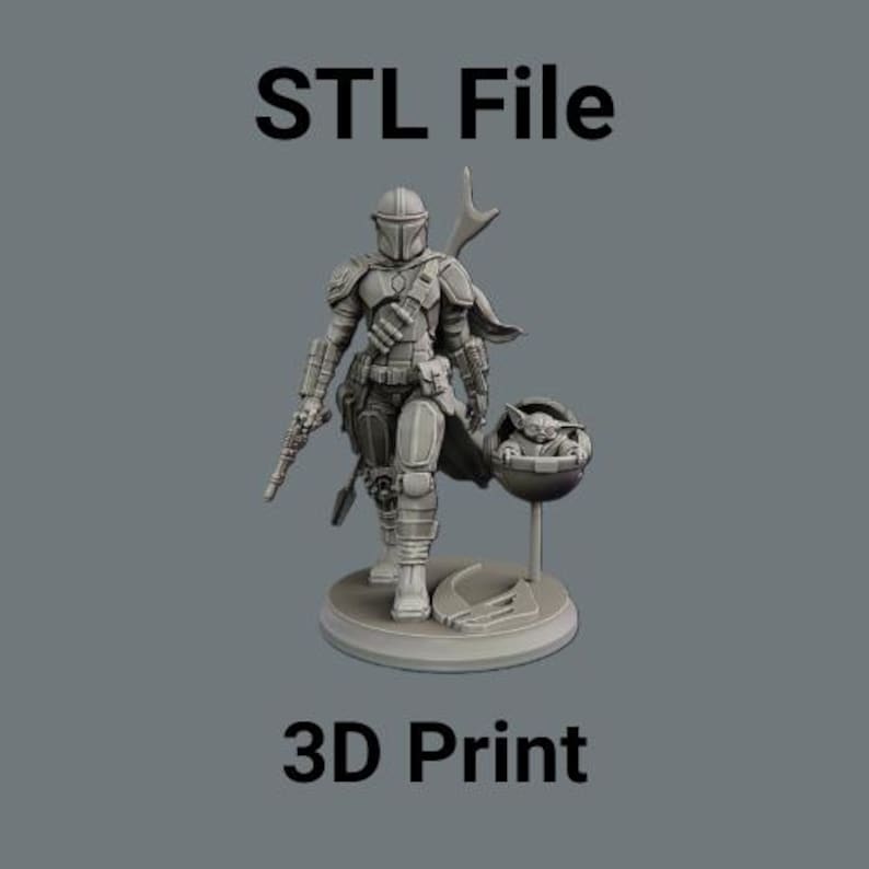 K&ouml;nnte beinhalten: Graue 3D-gedruckte Figur von The Mandalorian, der einen Blaster h&auml;lt, mit Grogu in einer schwebenden Kapsel. Die Figur steht auf einer kreisf&ouml;rmigen Basis. Die W&ouml;rter "STL File" und "3D Print" sind angezeigt.