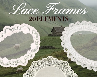May include: Three white lace frames with intricate patterns are displayed against a green landscape background. The text "Lace Frames" and "20 ELEMENTS" is printed in white and dark brown at the top of the image.