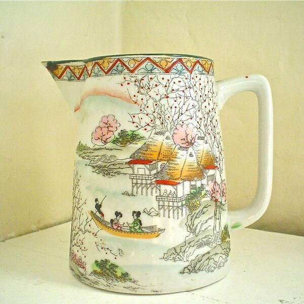 Geisha Pattern Jug or Pitcher with Unusual Landscape Design Made in Japan
