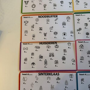 Puede incluir: Varias tarjetas blancas con ilustraciones y texto en negro. Las tarjetas est&aacute;n etiquetadas como "KERST", "NOODBUFFER", "HUISDIEREN" y "SINTERKLAAS". Cada tarjeta tiene un tema diferente, con ilustraciones de art&iacute;culos navide&ntilde;os, suministros de emergencia, mascotas y art&iacute;culos relacionados con Sinterklaas.