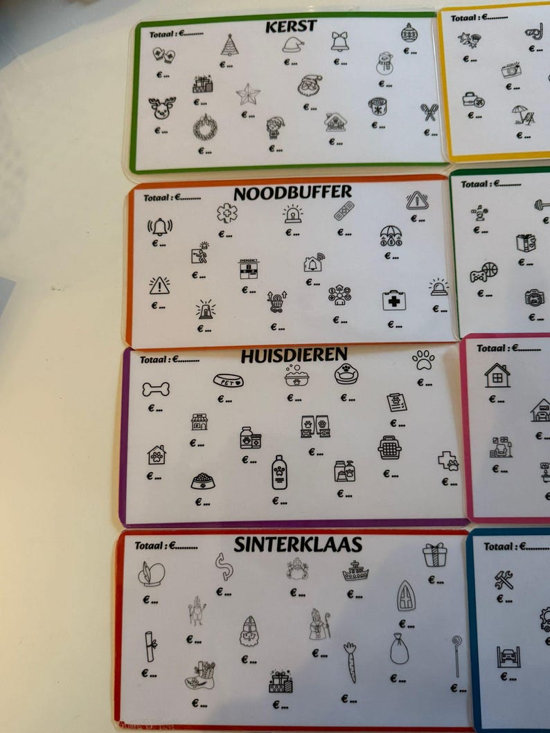Puede incluir: Varias tarjetas blancas con ilustraciones y texto en negro. Las tarjetas est&aacute;n etiquetadas como "KERST", "NOODBUFFER", "HUISDIEREN" y "SINTERKLAAS". Cada tarjeta tiene un tema diferente, con ilustraciones de art&iacute;culos navide&ntilde;os, suministros de emergencia, mascotas y art&iacute;culos relacionados con Sinterklaas.
