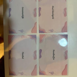 以下が含まれることがあります： ピンクと紫のデザインの長方形ステッカー4枚。各ステッカーには白い縁取りがあり、それぞれ異なるオランダ語の単語が印刷されています。「Gezamenlijk」、「Macikleedgeld」、「Flexibel」および「Noodbuffer」.