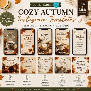 Peut inclure: Un ensemble de 30 modèles Instagram modifiables pour Canva sur le thème de l'automne. Les designs incluent des textes comme Hello Autumn, Autumn Sale, Cozy Days, New Blog Post, Fall Bucket List, Seasonal Vibes, Autumn Quotes, Giveaway Time, Cozy Nights et Grateful Thankful Blessed, ornés de feuilles d'automne.