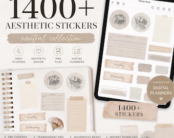 Megabundel met meer dan 1400 digitale stickers voor GoodNotes, iPad en digitale planners | Esthetische PNG-stickers | Dagboek, notities, productiviteit