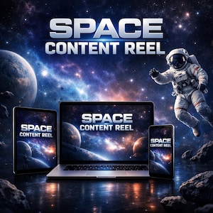 Peut inclure: Illustration numérique avec un ordinateur portable, une tablette et un smartphone affichant le texte "SPACE CONTENT REEL" sur fond d'espace. Un astronaute flotte dans l'espace, soulignant le thème cosmique.