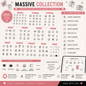 Minimal digital planner sticker bundle with over 2000 planner icons for productivity, planning, budgeting, journaling, and everyday organization.