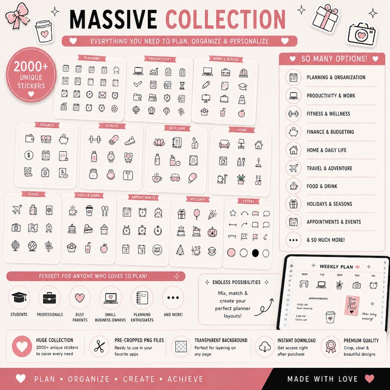 Minimal digital planner sticker bundle with over 2000 planner icons for productivity, planning, budgeting, journaling, and everyday organization.