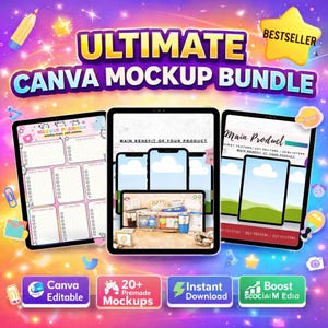 Op de afbeelding: Advertentie voor een digitale mockup-bundel. De afbeelding toont drie tablets met mockups, met de tekst "ULTIMATE CANVA MOCKUP BUNDLE" in geel en paars. Extra tekst omvat "Canva Editable", "20+ Premade Mockups" en "Instant Download".