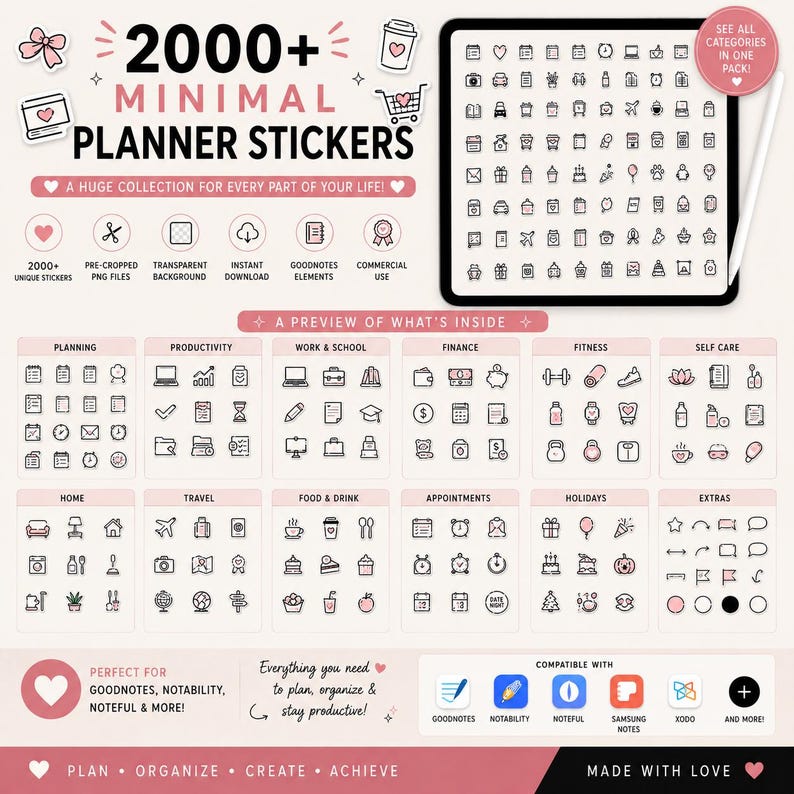 Digital planner sticker categories including productivity, planning, finance, fitness, school, self-care, shopping, travel, weather, and daily planner icons.
