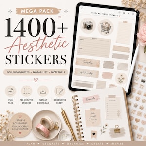 Peut inclure: Un pack de 1400+ autocollants esthétiques numériques pour Goodnotes, Notability et Noteshelf. L'image montre une tablette affichant divers éléments de planification, dont un appareil photo, un chariot et des étiquettes, avec un carnet.