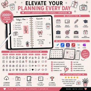 Beautiful minimalist planner sticker collection for digital journals featuring black and pink planner icons with a clean aesthetic for GoodNotes.