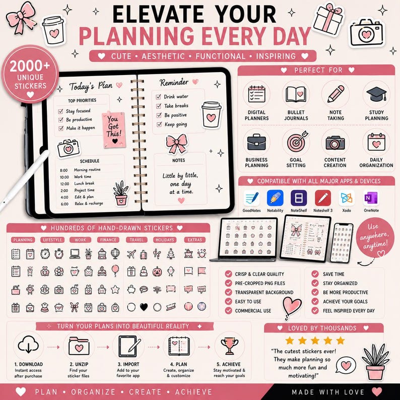 Beautiful minimalist planner sticker collection for digital journals featuring black and pink planner icons with a clean aesthetic for GoodNotes.